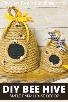 two bird houses made out of rope on top of a piece of wood with the words diy bee hives