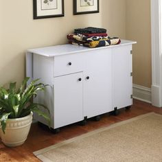 a white cabinet sitting next to a potted plant on top of a hard wood floor