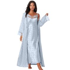 Feel luxurious in this beautiful satin nightgown and dressing robe set, perfect for a touch of romance and comfort. Slip features adjustable skinny straps and elegant lace trim for a feminine touch. Enjoy the full-sweep design of the nightgown, offering ultimate comfort and ease of movement. Coordinating robe with long sleeves enhances the set with lace trim on the neck and cuffs for a refined look. Keep everything secured with the included self-tie sash, ensuring a perfect fit all night long. G Satin Nightwear, Satin Nightgown, Nightgown Sets, Peignoir Sets, One Piece Clothing, Satin Short, One Piece Pajamas, Pearl Grey, Long Sleeve Lace