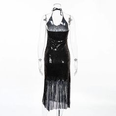 FREE SHIPPING Sexy Long Sequins Summer Tassel Dress JKP1851 Sleeveless Flapper Dress With Tassels For Night Out, Party Mini Dress With Fringe And V-neck, V-neck Fringe Mini Dress For Party, V-neck Fringe Dress For Party Season, Fitted Flapper Dress For Club In Summer, Halter Neck Fringe Party Dress, Sleeveless Flapper Dress For Summer Clubbing, Sleeveless Flapper Dress For Club In Summer, Summer Flapper Dress For Club