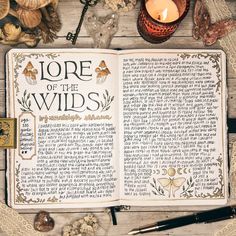 an open book with the words lore of the wilds written on it surrounded by other items