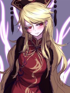 an anime character with long blonde hair wearing a red dress and a crown on her head