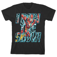 You’re bound to run the show when you wear this youth black graphic tee! The “I Run the Show!” tee features a big, colorful graphic that has been professionally printed to ensure long-lasting print quality. The Flash fan apparel is black, and has short sleeves for comfort and style in any weather. The classic comic book character apparel is made of 100percent preshrunk cotton jersey. It can be machine washed in cold water with like colors, then tumble dried for easy care. As an officially licens Black T-shirt With Graphic Print For Comic-con, Black Pop Culture T-shirt For Comic-con, Black T-shirt For Comic-con, Black Graphic T-shirt For Comic-con, Black Graphic Print T-shirt For Comic-con, Graphic T-shirt For Comic-con, Comic-con Fan Convention Graphic T-shirt, Graphic Print T-shirt For Comic-con, Black T-shirt For Comic-con Fan Gear