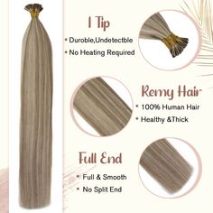 Stick I Tip Human Hair >Description< Hair Quantity 14" to 24", 1g/strand, 50g/pack 100-150 gram for full head attachment. Hair Texture Silky straight, would get a little wavy after washing or improper packaging. Hair Quality 100% Real Remy human hair, Natural, Smooth, Soft, No Tangle and Shedding Free. You can curl, straighten, and restyle it just like your own hair. It is possible to dye the hair, but only from a lighter color to a darker one. We recommend conducting a dye test on ONE piece bef Blonde Blonde Highlights, Keratin Bond Extensions, Hair Extensions Blonde, Microlink Hair Extensions, Hair Color Guide, Pink Blonde, Keratin Hair Extensions, Bonded Hair Extensions, Fusion Hair Extensions