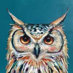 an owl with orange eyes is shown on a blue background in this oil painting by person