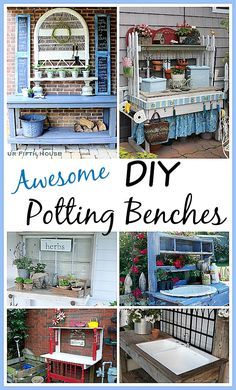 an advertisement for some potting benches with pictures of them in different styles and colors