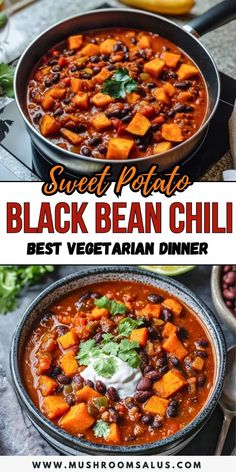 sweet potato and black bean chili in a skillet with the title text overlay