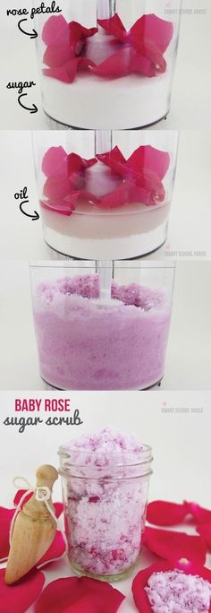 Homemade rose sugar scrub. Rose Sugar Scrub, Joululahjat Diy, Diy Sugar Scrub, A Bouquet Of Roses, Săpunuri Handmade, Baby Rose, Sugar Scrub Recipe, Diy Kosmetik, Sugar Scrub Diy