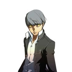 an anime character with grey hair and black jacket standing in front of a white background