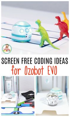 some toys are sitting on top of a table with the words screen free coloring ideas for zobot ev