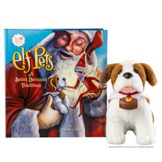 a stuffed dog next to an elf's book