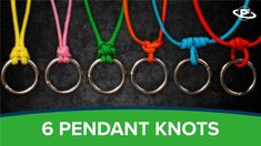 six different colored knoted key chains with the words, 6 pendant knots on each side