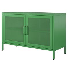 a green cabinet with two doors and handles