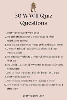 a pink poster with the words 50 ww i quiz questions in black and white