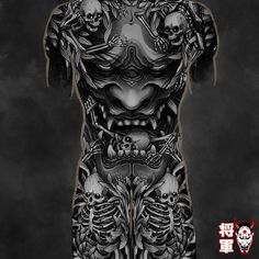 the back of a man's body with skulls and bones on it, in black and