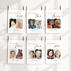 four photos hanging on clothes pins with the names of five different children's faces