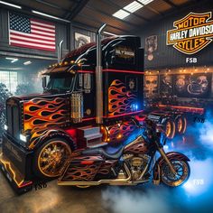 a large semi truck with flames painted on it's side and the words harley davidson rides