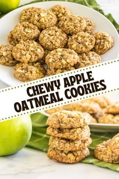 chewy apple oatmeal cookies stacked on top of each other with apples in the background