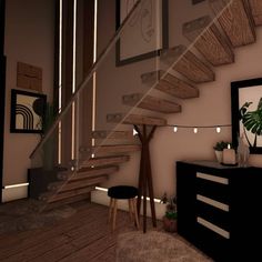 a room with some stairs and lights in it