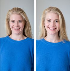 two pictures of a woman with blonde hair and blue sweater smiling at the camera, both side by side