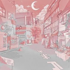 a drawing of a city street with buildings and trees in the background, pink hues