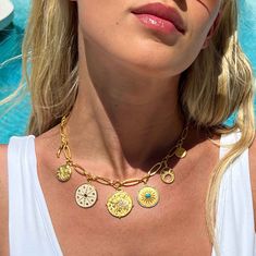 The Super Zodiac Necklace is an all-star line-up of astrological talismans. Display this meaningful piece as the hero statement accenting your neckline. Luxury Zodiac Sign Necklace, Zodiac Sign Medallion Necklace Amulet, Zodiac Sign Medallion Amulet Necklace, Zodiac Necklace, Zodiac Necklaces, Buy Buy, 22k Gold, Meaningful Gifts, Things To Buy