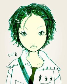 a drawing of a person with green hair