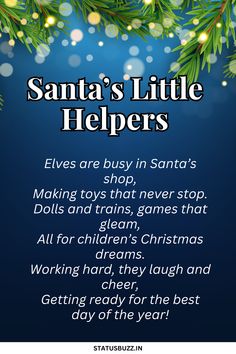 the santa's little helpers poem is displayed in front of a christmas tree