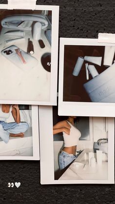 four polaroid photos of women in the bathroom