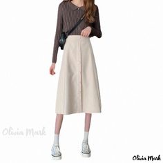 Olivia Mark - Umbrella Skirt Style High Waist Pleated A-Line Midi Skirt with Button Closure Fall A-line Skirt With Buttons, Casual A-line Bottoms With Buttons, Casual Button-up Fall Skirt, High-waisted Skirt With Button Closure For Spring, High Waist Skirt With Button Closure For Spring, Spring High Waist Skirt With Button Closure, Spring A-line Bottoms With Button Closure, Knee-length Cotton Skirt With Buttons, Knee-length Bottoms With Buttons For Fall