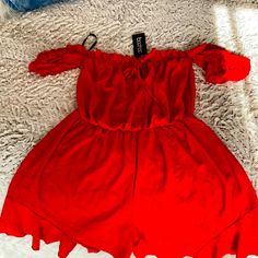 Super Cute Red Ruffly Chiffon Like Short Romper.. Off The Shoulder With Ruffle Detail And Tie At Cleavage Area Nwt Red Chic Jumpsuits And Rompers With Ruffles, Chic Red Jumpsuit With Ruffles, Flirty Red Jumpsuits And Rompers For Summer, Casual Red Jumpsuit For Date Night, Casual Red Ruffled Jumpsuits And Rompers, Casual Red Jumpsuits And Rompers With Ruffles, Casual Red Jumpsuits And Rompers For Party, Ruffle Shorts, Short Rompers