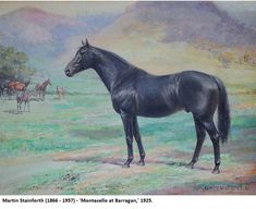 a painting of a black horse standing in the grass with other horses behind it and mountains in the distance