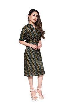 Multi Stripes On Green dress Fits comfortably, enhances grace Cotton rich for all seasons Mandarin collar Short sleeves Easy slip closure Side pockets Belt for enhancing comfort & style *Size in inches Size  Bust     Waist   LengthHipsAcross       Sleeve                                                                                 Shoulder    Length M        37.0       34.0       42.0        40.0    14.5      10.0 Ind    S            M              L              XL US     4            6 Casual V-neck Midi Dress For Semi-formal Occasion, Green Knee-length Semi-formal Midi Dress, Green Semi-formal Knee-length Midi Dress, Green Knee-length Midi Dress For Semi-formal Occasions, Elegant Knee-length Dress With Geometric Pattern, Elegant Knee-length Geometric Pattern Dress, Elegant Geometric Pattern Dress For Work, Fitted Elegant Midi Dress With Geometric Pattern, Multicolor Midi Dress For Workwear In Fall