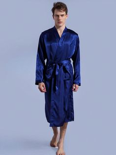 Men's Autumn And Winter Best-Selling Imitation Silk Satin Robe Bathrobe Blue Basics  Long Sleeve Satin Plain Dressing Gown Non-Stretch All,Fall/Winter Men Loungewear, size features are:Bust: ,Length: ,Sleeve Length: Men Kimono, Floral Print Swimwear, Men Loungewear, Male Kimono, Red Swimwear, Belted Robe, Kimono Yukata, Chinese Man, Vintage Swimsuits