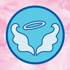 a blue circle with an angel's wings in the center on a pink background