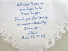 Lovely white lace handkerchief with sweet message for the mother of the bride. Handkerchief shown in main photo (no longer available), please select available style during checkout.Font style: scriptHandkerchief size: 11"x11"Handkerchief color shown: whiteEmbroidery color shown: white Mother Of Bride Handkerchief, White Embroidered Text Handkerchief Wedding Gift, White Embroidered Handkerchiefs For Special Events, Bride Handkerchief, Bridal Handkerchief, Personalized Handkerchief Wedding, Message For Mother, Wedding Notes, Lace Handkerchief