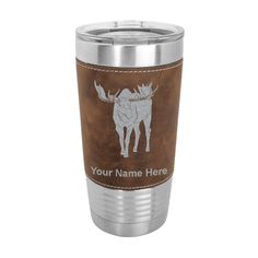 a stainless steel tumbler with a leather sleeve and an image of a man swinging a baseball bat