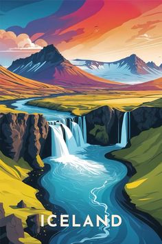 an image of iceland with mountains in the background and water flowing down it's side