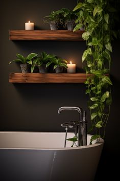 Earthy Boho Bathroom Ideas, Black Themed Apartment, Black Room With Plants, Black And Bamboo Bathroom, Black And Green Bathroom Ideas, Moody Bathroom Decor, Black And Wood Bathroom, Bathroom With Plants, Small Dark Bathroom