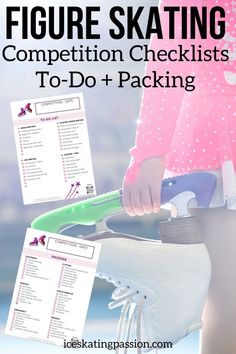 a person holding a skateboard with the text figure skating competition checklist to do + packing