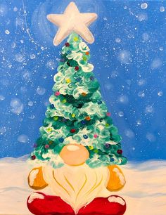 a painting of a christmas tree in the snow with a star on it's top