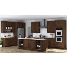 a kitchen with brown cabinets and white counter tops