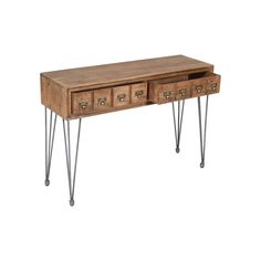 a wooden desk with metal legs and drawers