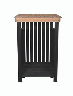 a black and wood side table with a wooden shelf on the top, against a white background