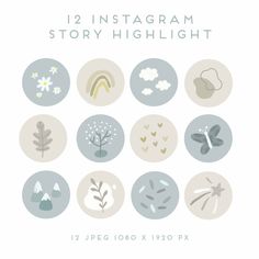 the 12 instagramm story highlights are shown in different colors and sizes, including gray