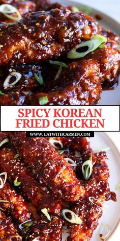 spicy korean fried chicken on a white plate