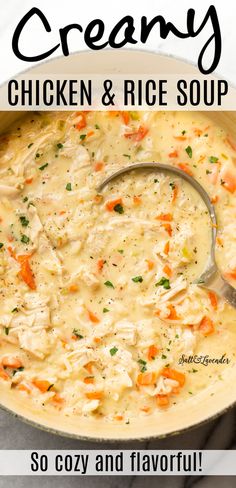 creamy chicken and rice soup in a pot with a spoon