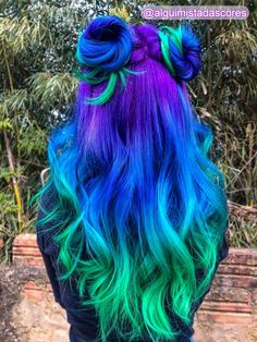 Hair Color Ideas Multicolor, Wild Colored Hair, Bright Colored Peekaboo Highlights, Blue To Green Hair, Multi Blue Hair, Hair Colors Bright, Vivid Colour Hair, Blue Green Hair Color Ideas, Vivid Color Hair Ideas