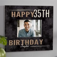 a black and gold birthday photo frame with a man's face