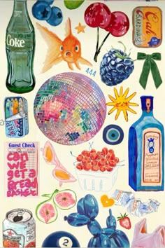 a painting of various items on a white background